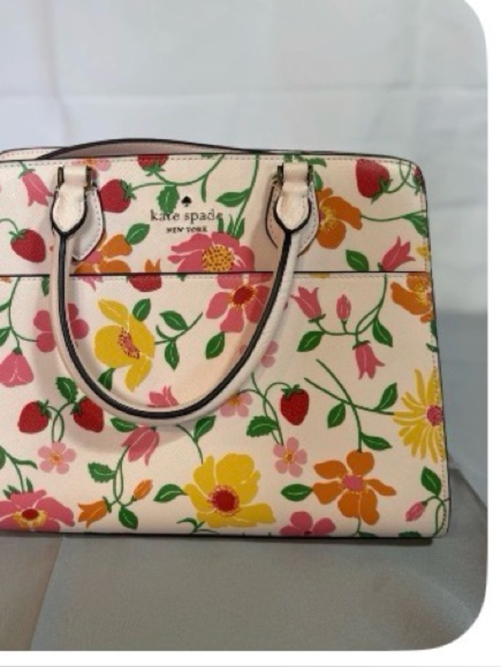kate spade Cream Floral Leather Satchel with Pink, Yellow & Green Blooms
